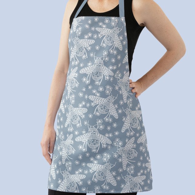 Honey Bee Blue and White Apron (Blue and white honey bee pattern art apron)