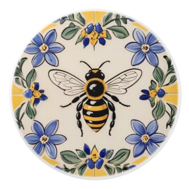 Honey Bee Blue and Yellow Mediterranean Ceramic Knob (Front)