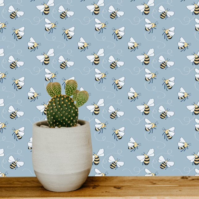 Honey Bee Blue Wallpaper (Blue and white honey bee pattern art wallpaper)