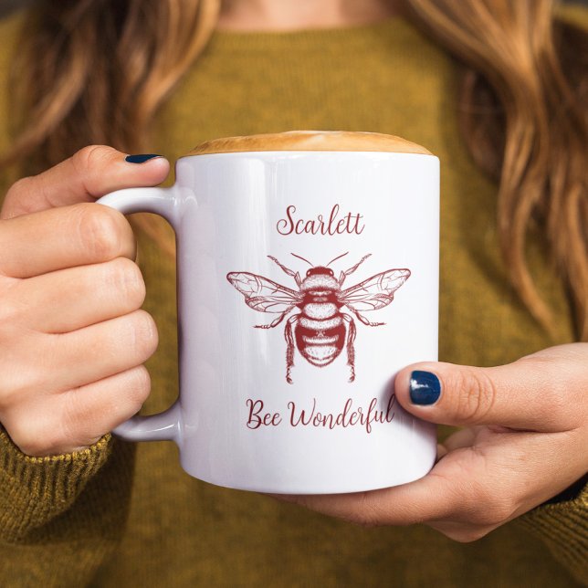 Honey Bee Burgundy White Personalise Coffee Mug (Creator Uploaded)