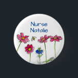 Honey Bee Cosmos Flowers Nurse Name Tag 3 Cm Round Badge<br><div class="desc">A pretty button featuring bright pink cosmos flowers and a blue nigella with a honey bee drawn in ink with watercolor.  Fun button for a nurse name tag!</div>
