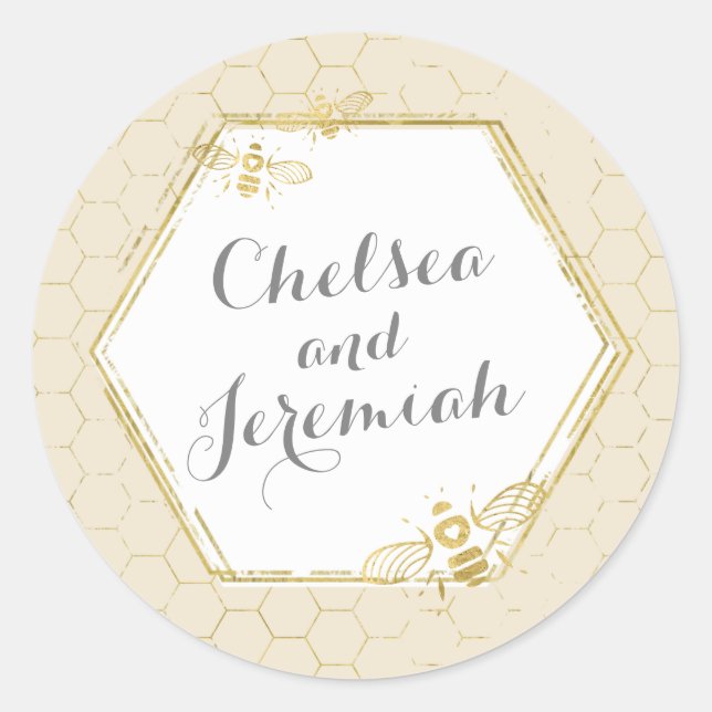 Honey Bee Cream Gold Custom Name Sticker Wedding (Front)
