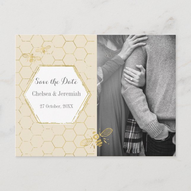 Honey Bee Cream Gold Photo Save the Date Postcard (Front)