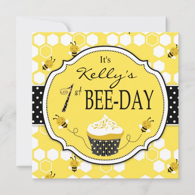 Honey Bee Cupcake First Birthday Invitation 2 (Front)