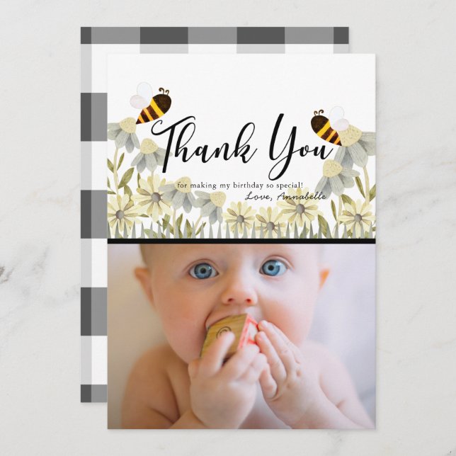 Honey Bee Daisy White Photo Thank You Card (Front/Back)
