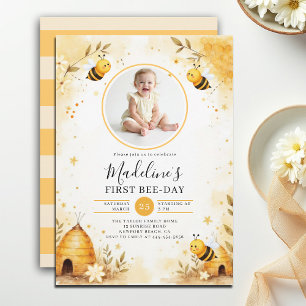 Honey Bee-Day Watercolor Floral Photo 1st Birthday Invitation