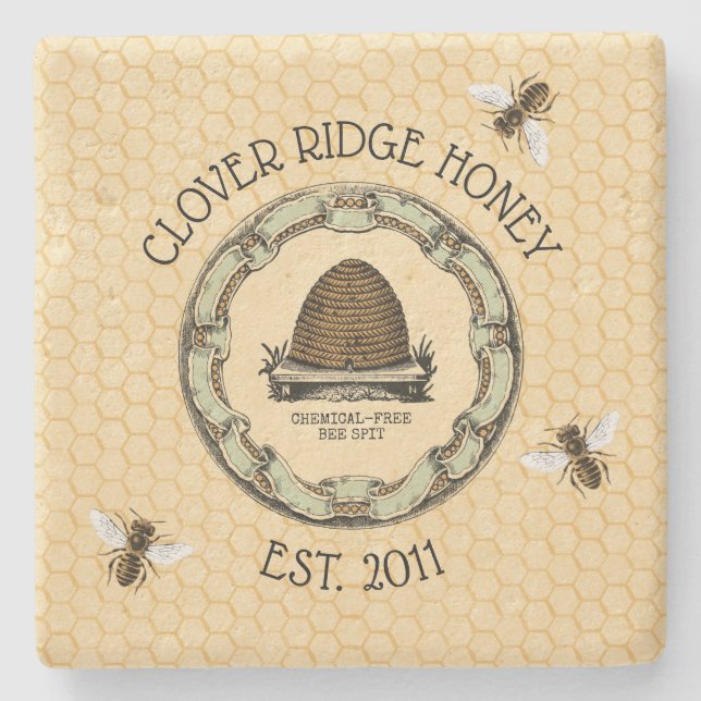 Honey Bee Farm Label Monogram Stone Coaster (Front)