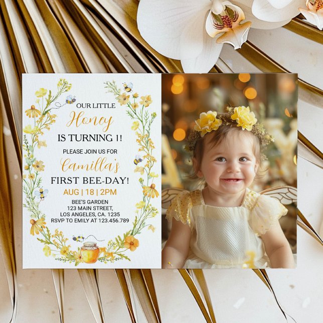 Honey Bee Floral 1st Birthday Invitation  (Creator Uploaded)