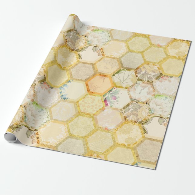 Honey Bee Floral Honeycomb Beehive Wrapping Paper (Unrolled)