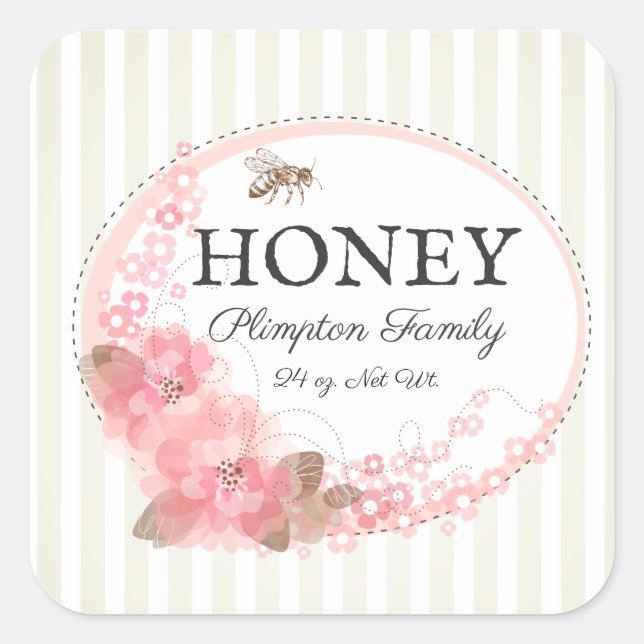 Honey Bee Floral Striped Beige Square Sticker (Front)