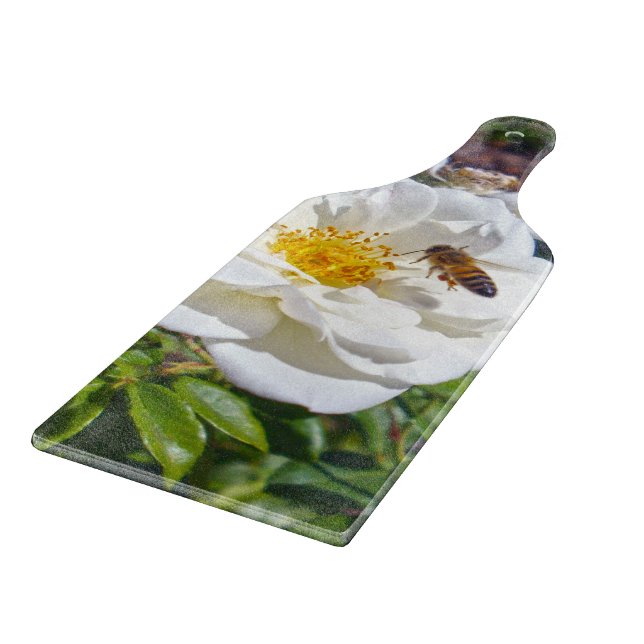Honey Bee Flying Into Rose, Cutting Board (Corner)