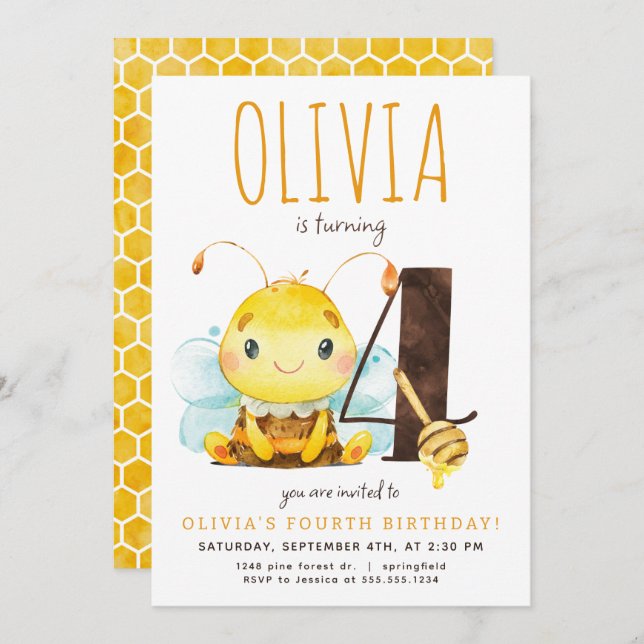 Honey Bee Fourth Birthday Invitation (Front/Back)