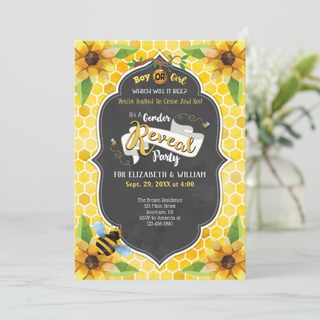Honey Bee Gender Reveal Watercolor Invitation (Standing Front)
