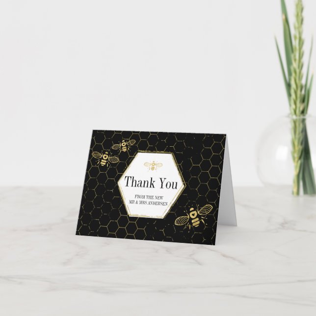 Honey Bee Gold Black Custom Photo Thank You Card (Front)