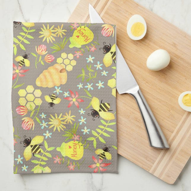 Honey Bee Grey Tea Towel (Quarter Fold)