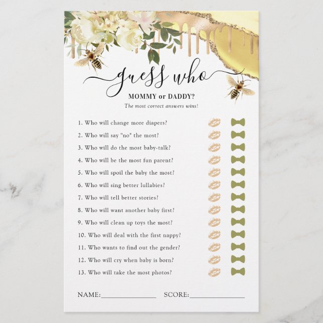 Honey Bee Guessing Baby Shower Game (Front)
