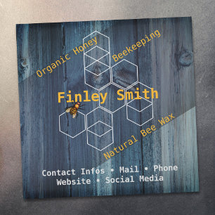 Honey bee hexagon • Blue wood texture Custom Text