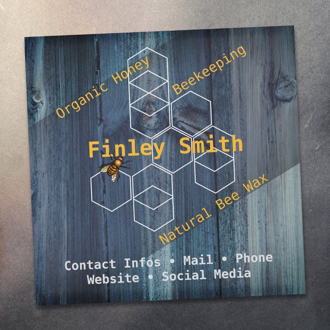 Honey bee hexagon • Blue wood texture Custom Text (Creator Uploaded)