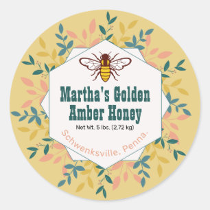 Honey Bee Hexagon Wreath Gold Honey Jar Classic Round Sticker