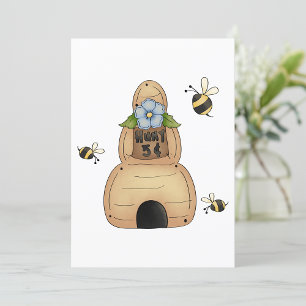 Honey Bee Hive with Blue Flower and Bees Invitation