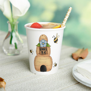 Honey Bee Hive with Blue Flower and Bees Paper Cups