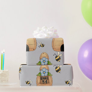 Honey Bee Hive with Blue Flower and Bees Wrapping Paper