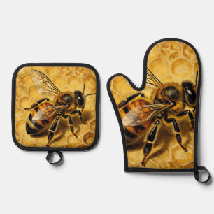 Honey Bee Honeycomb Golden Nature Oven Mitt & Pot Holder Set