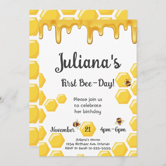 Honey Bee Kids 1st Birthday Invitation (Front/Back)