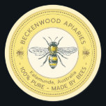 Honey Bee Label Yellow Beekeeper Apiary<br><div class="desc">Label your own honey, candles, beeswax and more with this vintage black and yellow honey bee honey sticker. Personalise with your apiary business name at the top and add in your location or address below. You can edit the descriptive text to match your product or keep it general to match...</div>