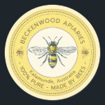 Honey Bee Label Yellow Beekeeper Apiary<br><div class="desc">Label your own honey, candles, beeswax and more with this vintage black and yellow honey bee honey sticker. Personalise with your apiary business name at the top and add in your location or address below. You can edit the descriptive text to match your product or keep it general to match...</div>
