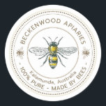 Honey Bee Label Yellow Beekeeper Apiary<br><div class="desc">Label your own honey, candles, beeswax and more with this vintage black and yellow honey bee honey sticker. Personalise with your apiary business name at the top and add in your location or address below. You can edit the descriptive text to match your product or keep it general to match...</div>