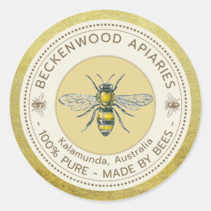 Honey Bee Label Yellow Beekeeper Apiary Gold Rim