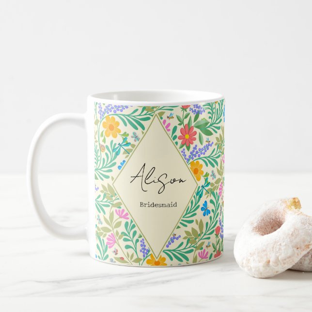 Honey Bee, Ladybug, Butterfly, Dragonfly & Flowers Coffee Mug (With Donut)
