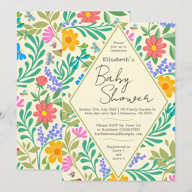 Honey Bee, Ladybug, Butterfly, Dragonfly & Flowers Invitation (Front/Back)