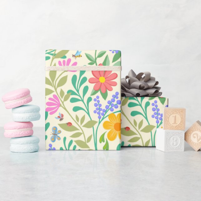 Honey Bee, Ladybug, Butterfly, Dragonfly & Flowers Wrapping Paper (Baby Shower)