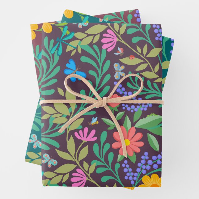 Honey Bee, Ladybug, Butterfly, Dragonfly & Flowers Wrapping Paper Sheet (In situ)