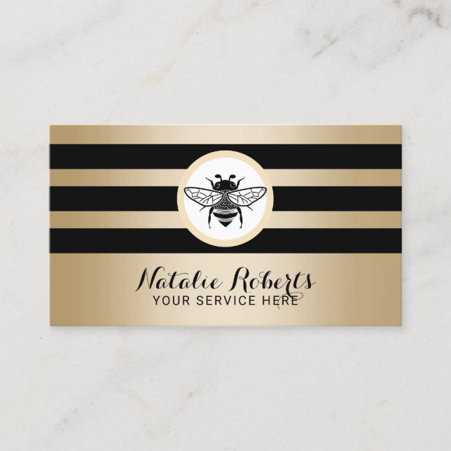 Honey Bee Logo Black Gold Stripes Beekeeping Farm Business Card (Front)