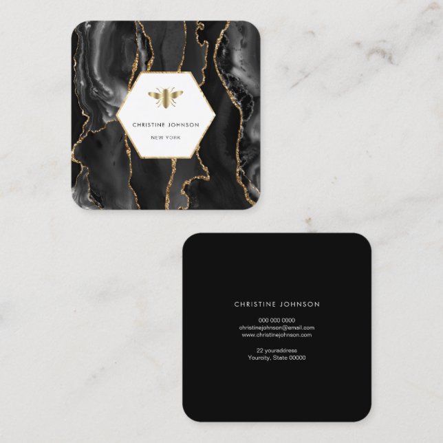 honey bee logo on black agate  square business card (Front/Back)