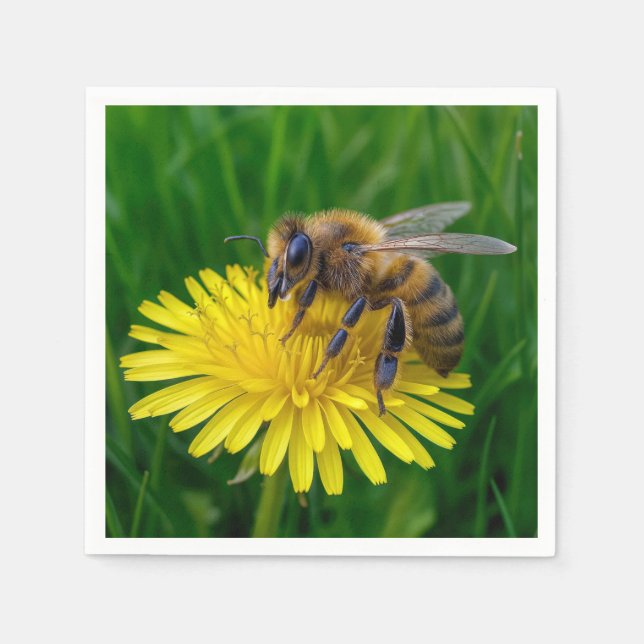 Honey Bee On a Yellow Dandelion Napkin (Front)