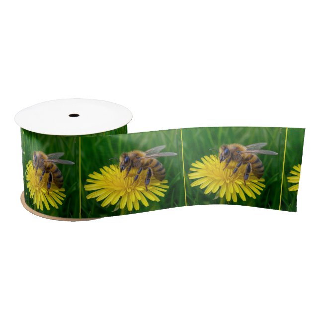 Honey Bee On a Yellow Dandelion Satin Ribbon (Spool)