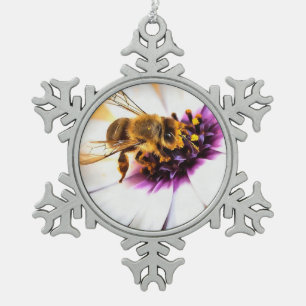 Honey Bee On African Daisy Acrylic Art Snowflake Pewter Christmas Ornament
