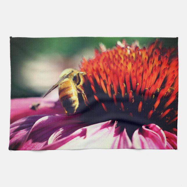 Honey Bee On Coneflower Close Up  Tea Towel (Horizontal)