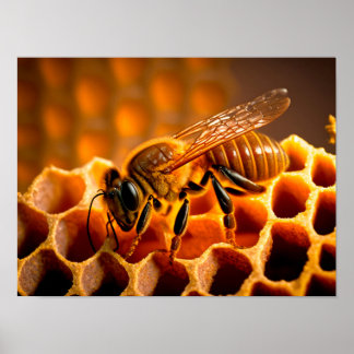 Honey bee on honeycombs. Close-up view Poster