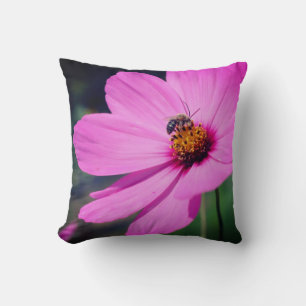 Honey Bee On Pink Cosmos Flower Close Up Cushion