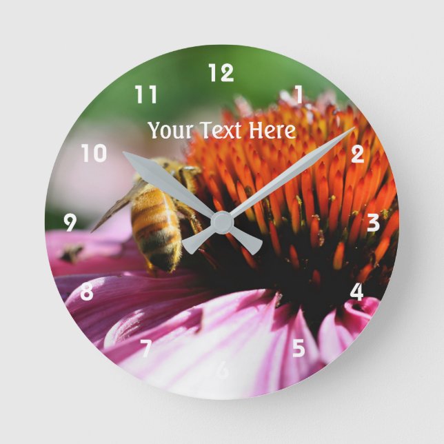 Honey Bee On Pink Daisy Flower Personalized Round Clock (Front)