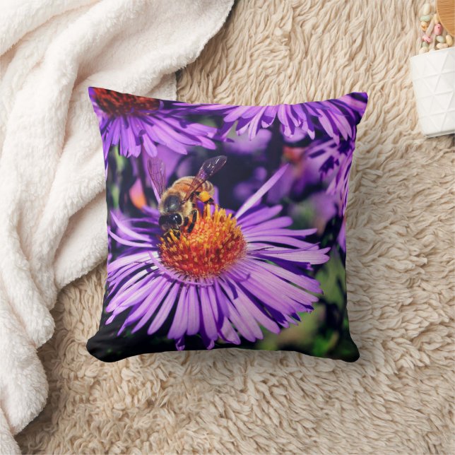 Honey Bee On Purple Aster Flower  Cushion (Blanket)