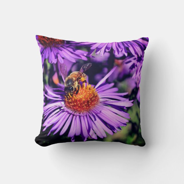 Honey Bee On Purple Aster Flower  Cushion (Front)