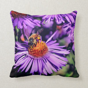 Honey Bee On Purple Aster Flower Cushion
