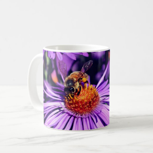 Honey Bee On Purple Aster Flower Personalised Coffee Mug (Front Left)
