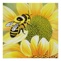 Honey Bee On Sunflower Cute Naive Art